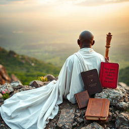 A book cover filled with an image of a bald black guru, an adult eremite, sitting completely with his back to the viewer on a rocky mountain peak