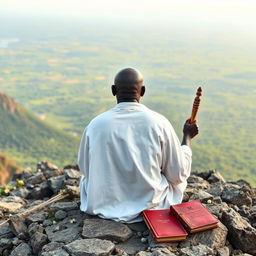 A book cover filled with an image of a bald black guru, an adult eremite, sitting completely with his back to the viewer on a rocky mountain peak