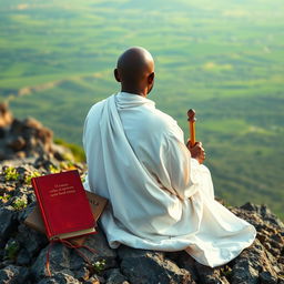 A book cover filled with an image of a bald black guru, an adult eremite, sitting completely with his back to the viewer on a rocky mountain peak