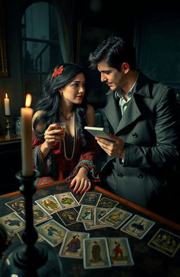 A romantic scene amidst a murder investigation, featuring a captivating tarot reader with long dark hair dressed in bohemian, colorful clothing, surrounded by intricate tarot cards spread out on a table, and a handsome detective in a smart trench coat, looking intrigued and focused