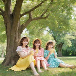 Anime styled girls, in their colorful attire, comfortably seated under a large, leafy walnut tree, savoring some fresh, cool lemonade. The scene reveals a sunny, peaceful day.