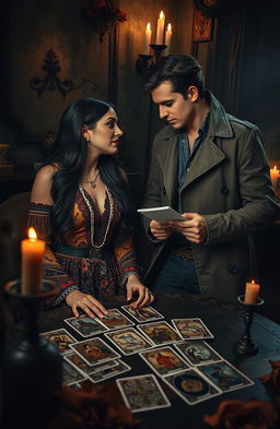 A romantic scene amidst a murder investigation, featuring a captivating tarot reader with long dark hair dressed in bohemian, colorful clothing, surrounded by intricate tarot cards spread out on a table, and a handsome detective in a smart trench coat, looking intrigued and focused