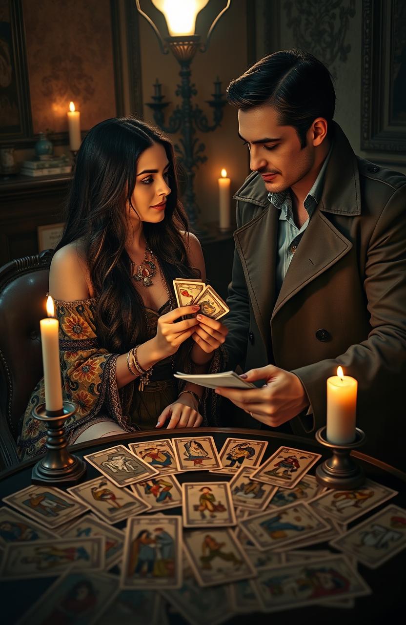 A romantic scene amidst a murder investigation, featuring a captivating tarot reader with long dark hair dressed in bohemian, colorful clothing, surrounded by intricate tarot cards spread out on a table, and a handsome detective in a smart trench coat, looking intrigued and focused