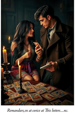 A romantic scene amidst a murder investigation, featuring a captivating tarot reader with long dark hair dressed in bohemian, colorful clothing, surrounded by intricate tarot cards spread out on a table, and a handsome detective in a smart trench coat, looking intrigued and focused