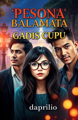 A book cover featuring an adult shy girl with glasses prominently in the center, flanked by two charismatic men