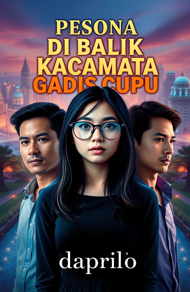 A book cover featuring an adult shy girl with glasses prominently in the center, flanked by two charismatic men