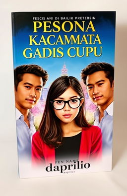 A book cover featuring an adult shy girl with glasses prominently in the center, flanked by two charismatic men