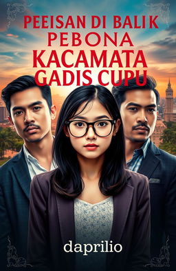 A book cover featuring an adult shy girl with glasses prominently in the center, flanked by two charismatic men