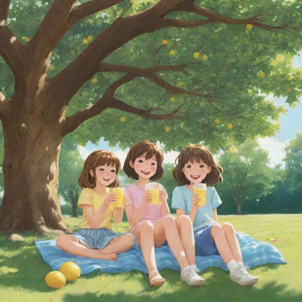 Anime-style illustration of cheerful, young girls sitting under a large walnut tree, sipping frosty lemonade, shaded from the bright sun, creating a serene, child-friendly scene