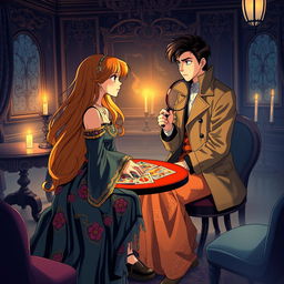 A vintage anime illustration depicting a romantic scene amidst a murder investigation