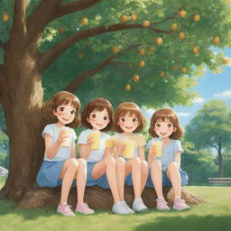 Anime-style illustration of cheerful, young girls sitting under a large walnut tree, sipping frosty lemonade, shaded from the bright sun, creating a serene, child-friendly scene