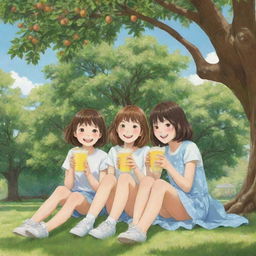 Anime-style illustration of cheerful, young girls sitting under a large walnut tree, sipping frosty lemonade, shaded from the bright sun, creating a serene, child-friendly scene