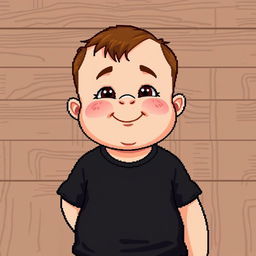 A chubby child with a prominent chin wearing a black t-shirt, set against a less detailed wooden background