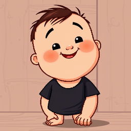 A chubby child with a prominent chin wearing a black t-shirt, set against a less detailed wooden background