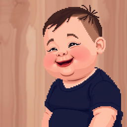 A chubby child with a prominent chin wearing a black t-shirt, set against a less detailed wooden background