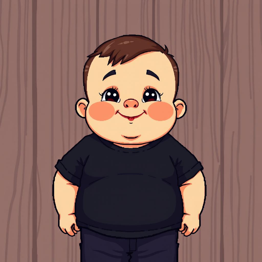 A chubby child with a prominent chin wearing a black t-shirt, set against a less detailed wooden background