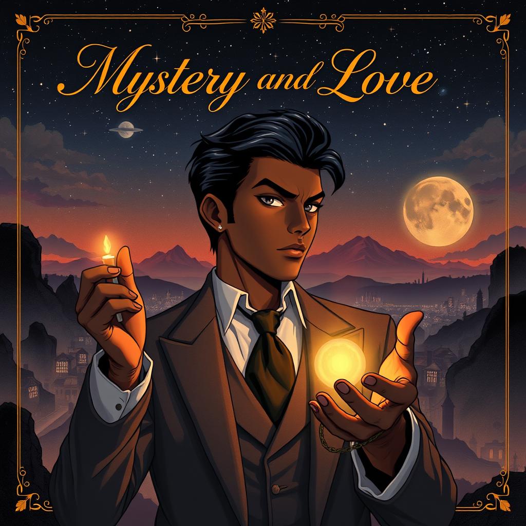 A vintage anime-style cover illustration featuring a mysterious and romantic scene centered on a handsome Black man