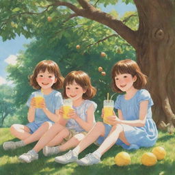 Anime-style illustration of cheerful, young girls sitting under a large walnut tree, sipping frosty lemonade, shaded from the bright sun, creating a serene, child-friendly scene