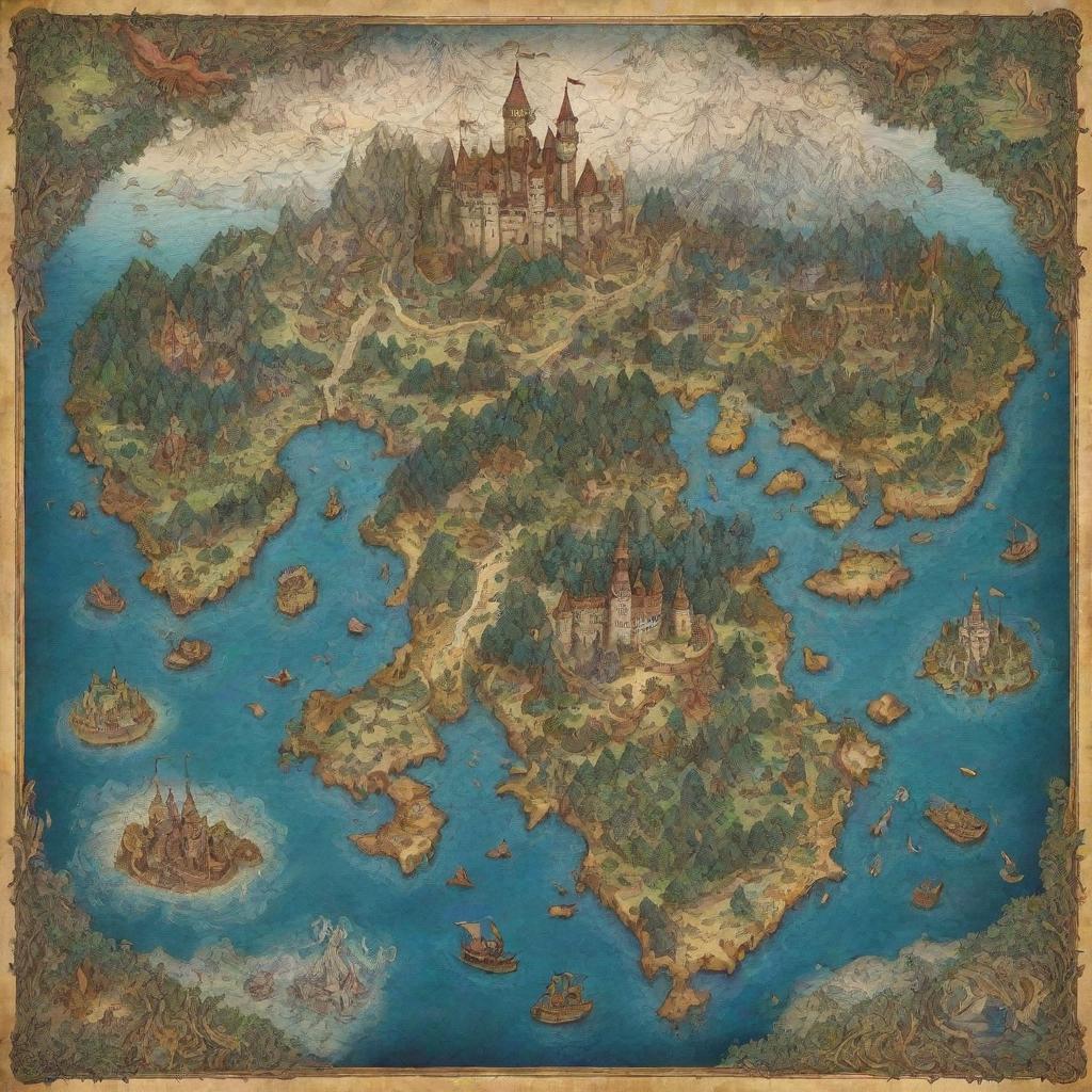 A detailed, beautifully illustrated map of a fantasy world with diverse continents, mythical creatures, magical forests, and enchanted castles.