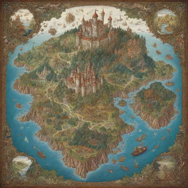 A detailed, beautifully illustrated map of a fantasy world with diverse continents, mythical creatures, magical forests, and enchanted castles.