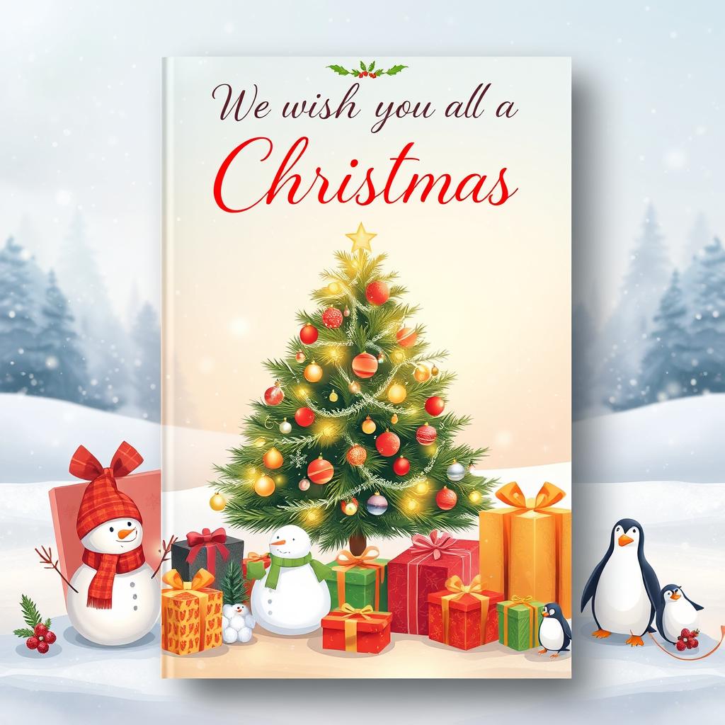 A beautifully designed Christmas catalogue cover featuring a soft winter scene with gently falling snow