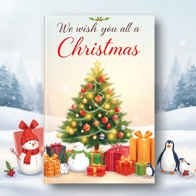 A beautifully designed Christmas catalogue cover featuring a soft winter scene with gently falling snow