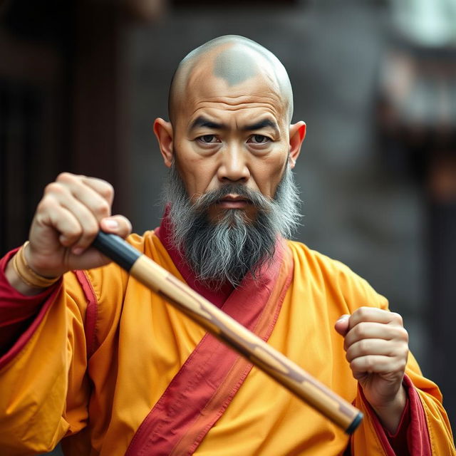 A full-body image of a human monk, approximately 40 years old, standing at about 1