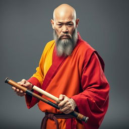 A full-body image of a human monk, approximately 40 years old, standing at about 1