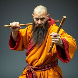 A full-body image of a human monk, approximately 40 years old, standing at about 1