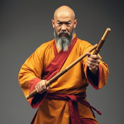 A full-body image of a human monk, approximately 40 years old, standing at about 1