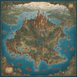 A detailed, beautifully illustrated map of a fantasy world with diverse continents, mythical creatures, magical forests, and enchanted castles.