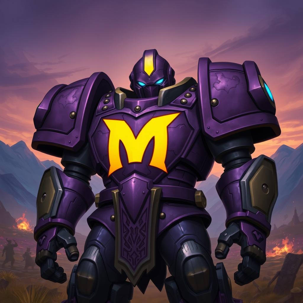 A large Warforged character standing proud, clad in intricate purple armor with a bright yellow arched 'M' prominently displayed on the chestplate