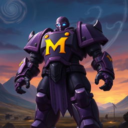 A large Warforged character standing proud, clad in intricate purple armor with a bright yellow arched 'M' prominently displayed on the chestplate