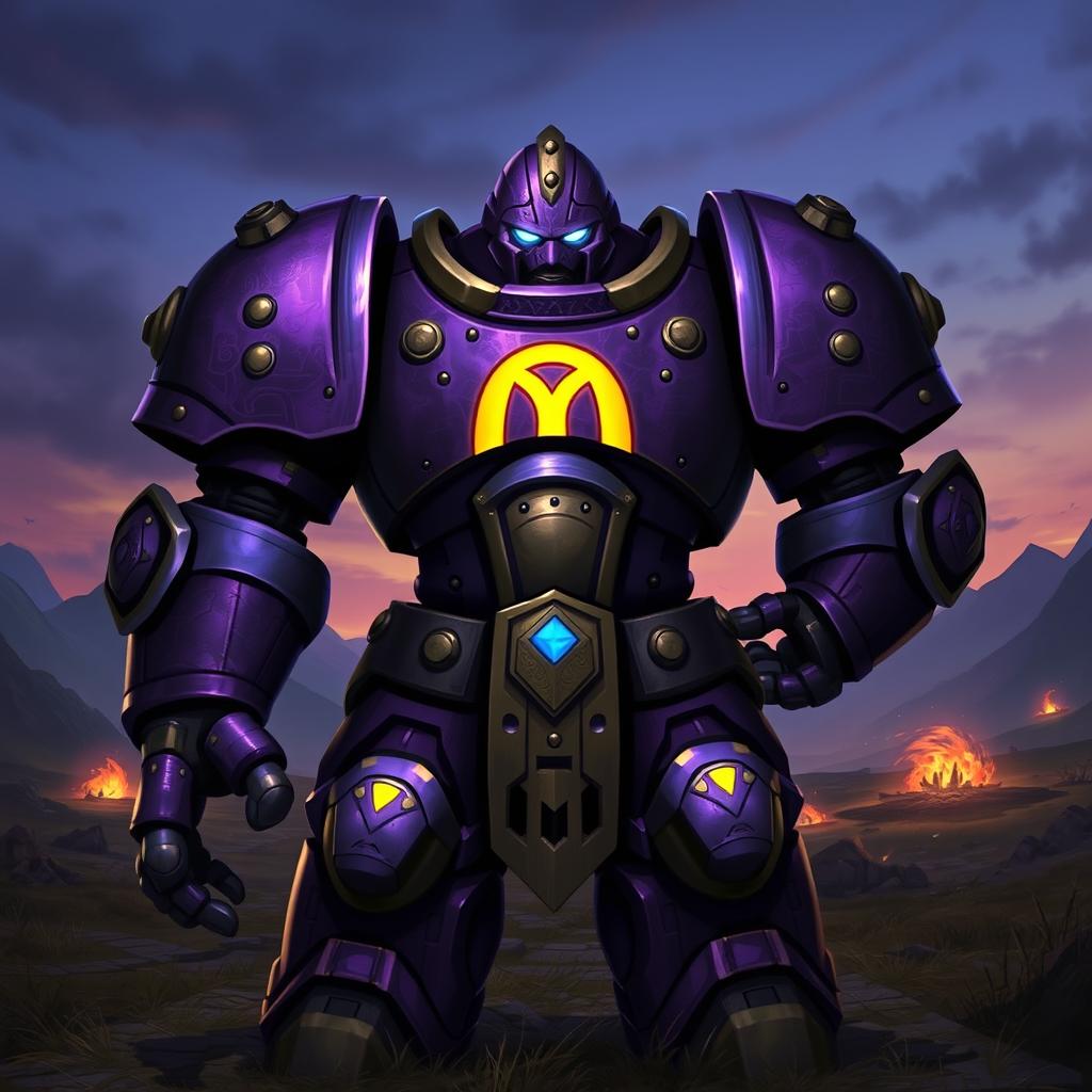 A large Warforged character standing proud, clad in intricate purple armor with a bright yellow arched 'M' prominently displayed on the chestplate