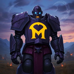 A large Warforged character standing proud, clad in intricate purple armor with a bright yellow arched 'M' prominently displayed on the chestplate