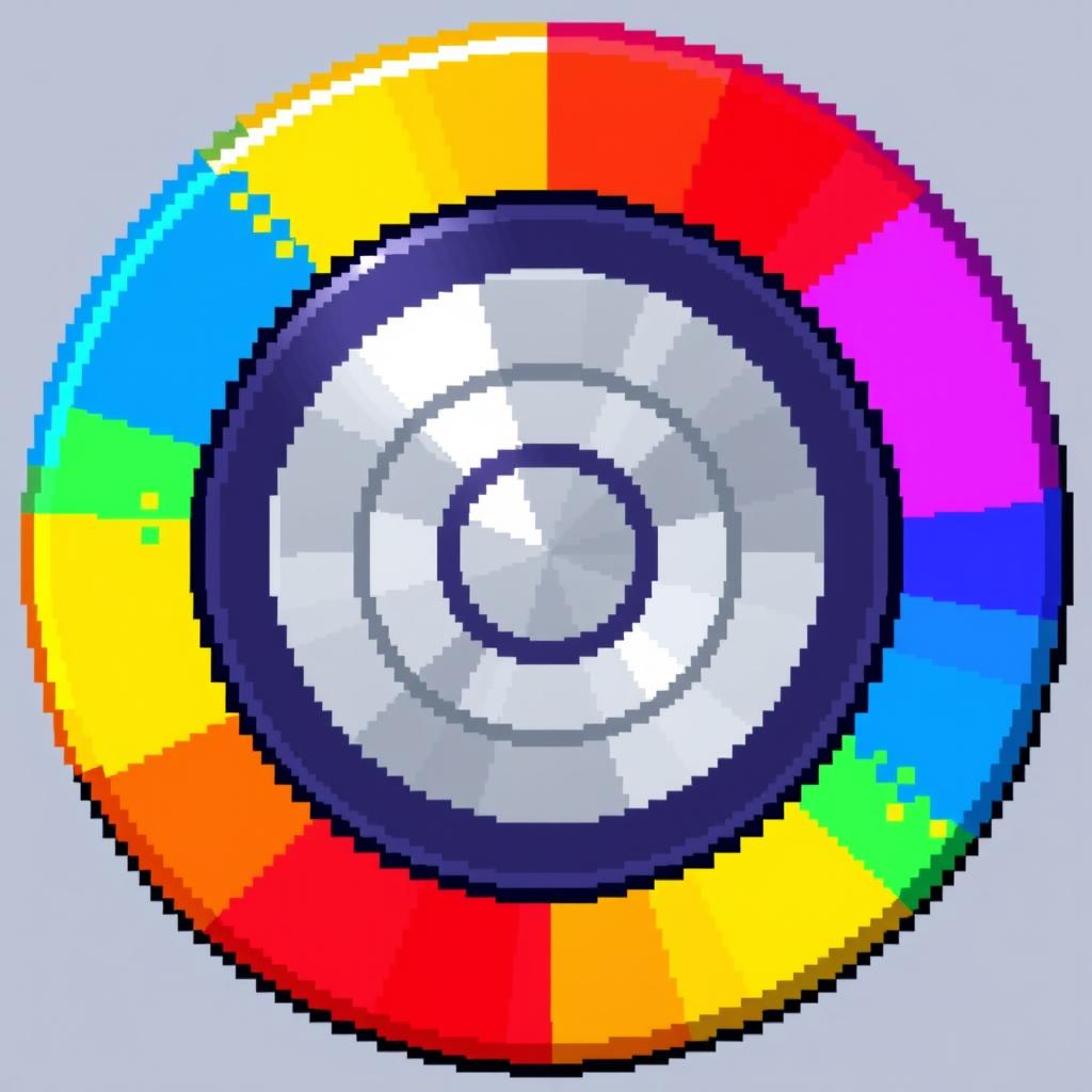 A circular disk designed in a pixel art style