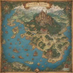 A detailed, beautifully illustrated map of a fantasy world with diverse continents, mythical creatures, magical forests, and enchanted castles.