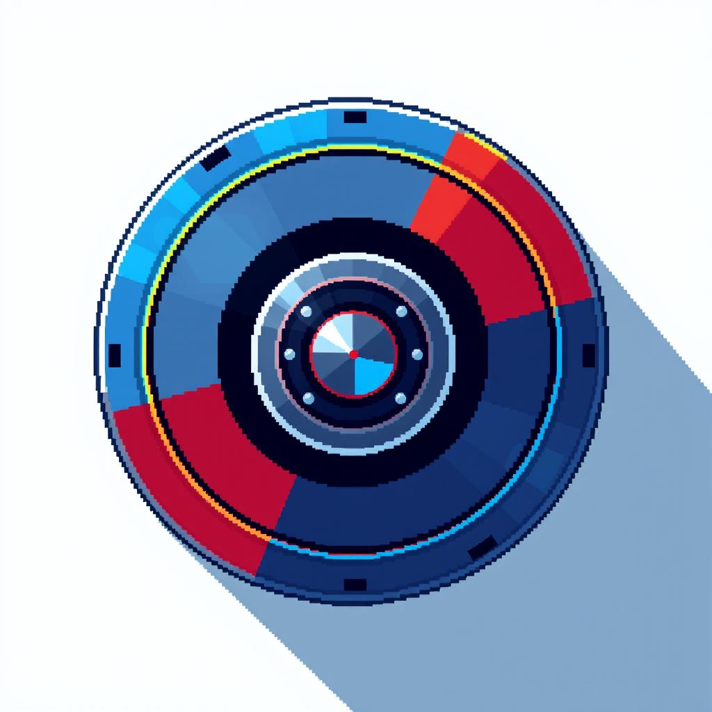 A circular disk designed in a pixel art style