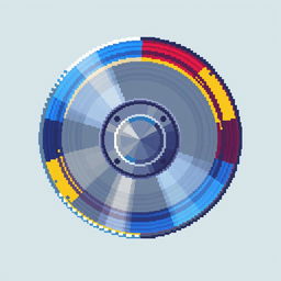 A circular disk designed in a pixel art style