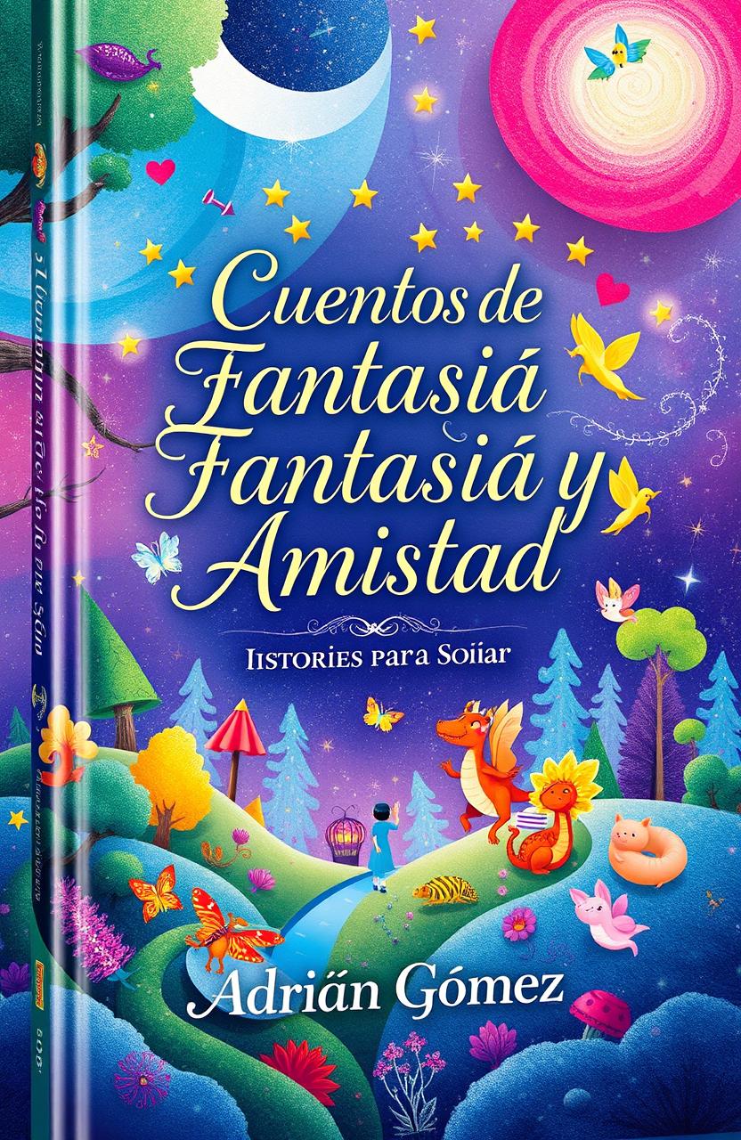 A captivating book cover design for "Cuentos de Fantasía y Amistad: Historias para Soñar" by Adrián Gómez