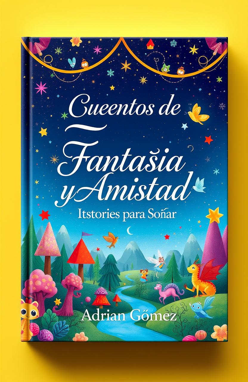A captivating book cover design for "Cuentos de Fantasía y Amistad: Historias para Soñar" by Adrián Gómez