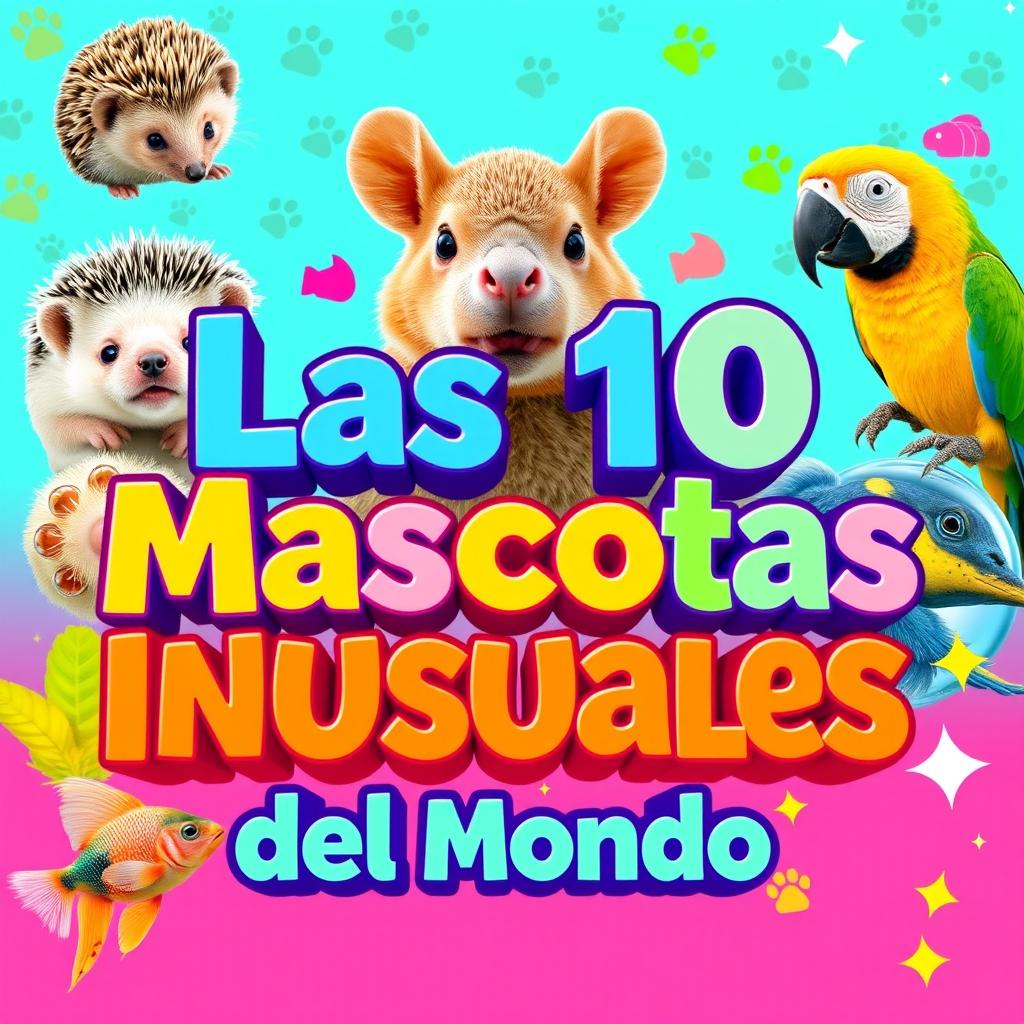 A vibrant and eye-catching YouTube thumbnail showcasing the title 'Las 10 Mascotas Más Inusuales del Mundo'