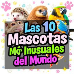 A vibrant and eye-catching YouTube thumbnail showcasing the title 'Las 10 Mascotas Más Inusuales del Mundo'