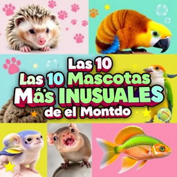 A vibrant and eye-catching YouTube thumbnail showcasing the title 'Las 10 Mascotas Más Inusuales del Mundo'