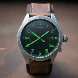 A nuclearpunk style wristwatch, epitomizing post-apocalyptic aesthetics. The dial looks like a radiation detector with its glow-in-the-dark numeric indicators. The casing is made from weathered metal, with a rugged leather strap, symbolizing survival amidst nuclear fallout.