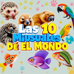 A vibrant and eye-catching YouTube thumbnail showcasing the title 'Las 10 Mascotas Más Inusuales del Mundo'