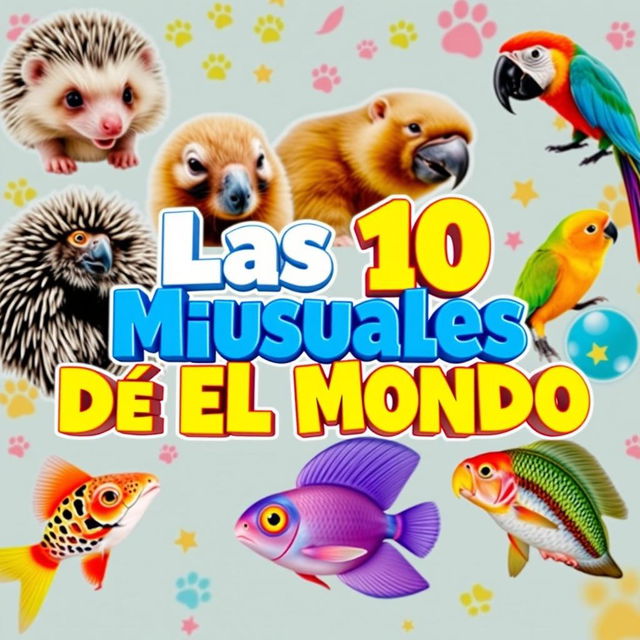 A vibrant and eye-catching YouTube thumbnail showcasing the title 'Las 10 Mascotas Más Inusuales del Mundo'