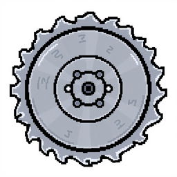 A detailed pixel art representation of a circular blade, showcasing sharp edges and a metallic texture