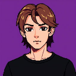 A pixel art image of a teenage boy with medium-long hair and a defined jawline, wearing a black t-shirt