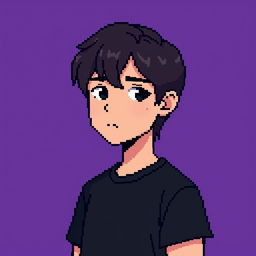 A pixel art image of a teenage boy with medium-long hair and a defined jawline, wearing a black t-shirt